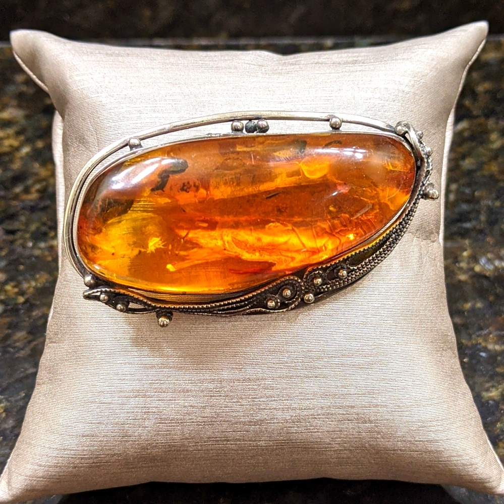 Large antique amber brooch, sterling silver